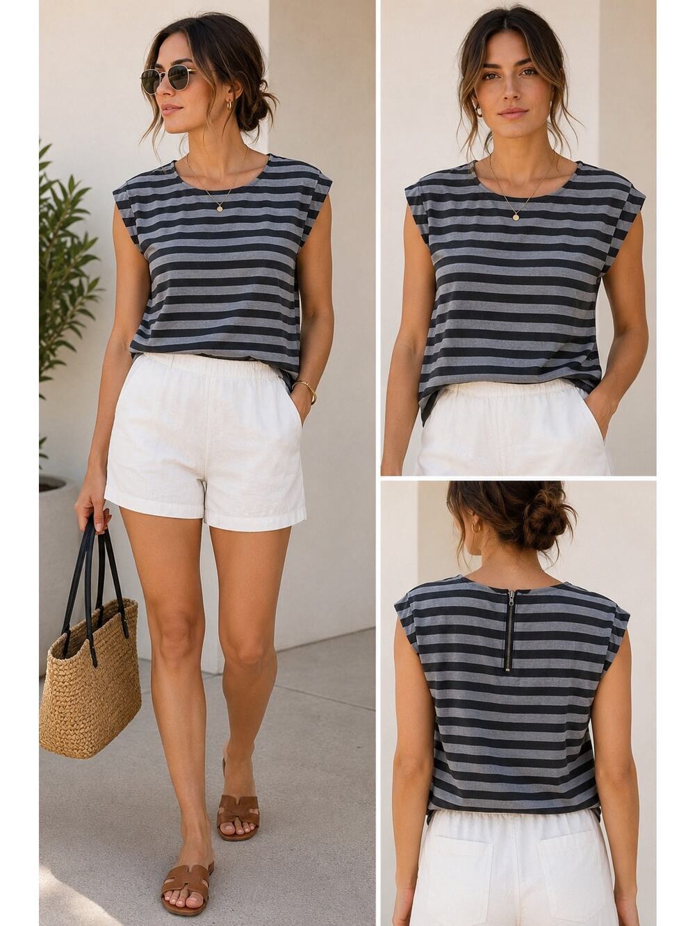Ali & Kris Gray Black Striped Cap Sleeve Blouse Minimalist Casual Chic Capsule L
